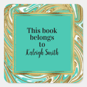 Gold and Teal Watercolor Marble Book Name Plate Square Sticker