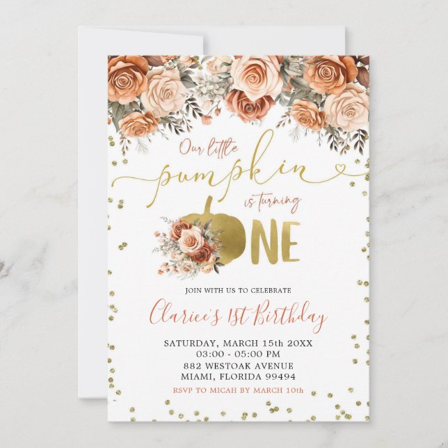Gold and Terracotta Floral Pumpkin First Birthday Invitation (Front)