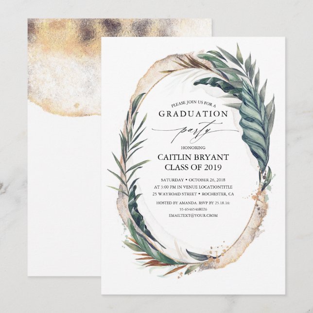 Gold and Tropical Beach Palm Leaves Graduation Invitation (Front/Back)