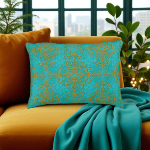 Gold and Turquoise Damask Style Pattern Decorative Pillow