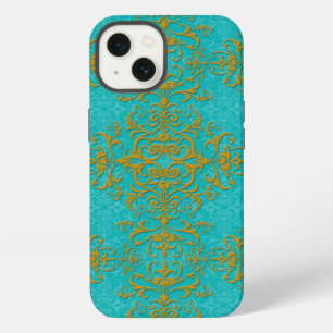 Gold and Turquoise Damask Style Pattern iPhone 13 Case