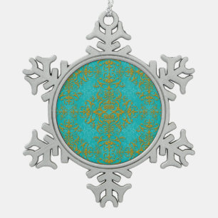 Gold and Turquoise Damask Style Pattern Snowflake Pewter Christmas Ornament