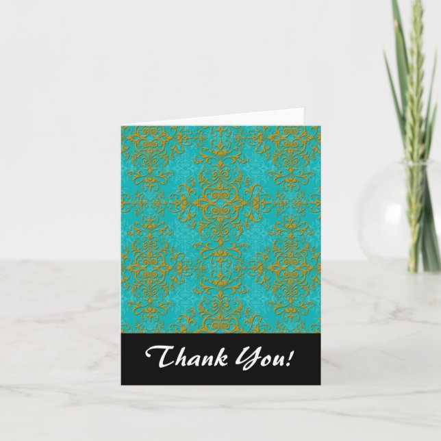 Gold and Turquoise Damask Style Pattern Thank You Card (Front)