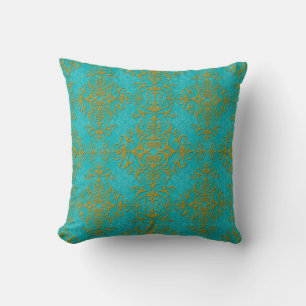 Gold and Turquoise Damask Style Pattern Throw Pillow