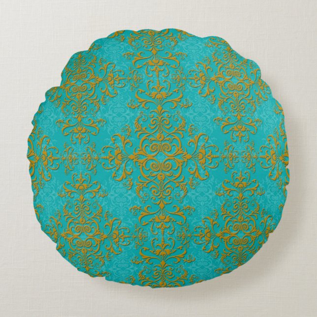 Gold and Turquoise Floral Damask Style Pattern Round Pillow (Front)