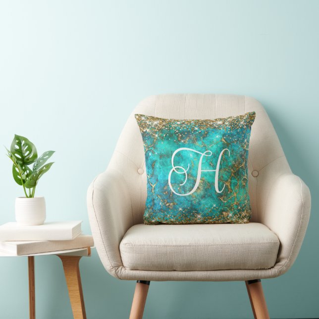 Gold and Turquoise Gemstone Glam Monogrammed Throw Pillow (Chair)