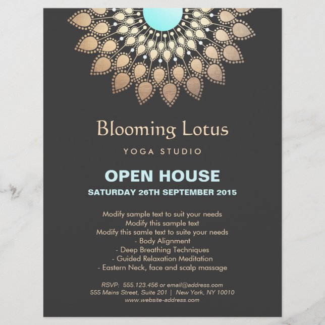 Gold and Turquoise Lotus Mandala Yoga Flyer (Front)