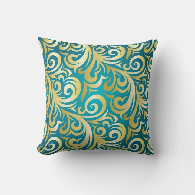Gold and Turquoise Verder Design Throw Pillow (Front)