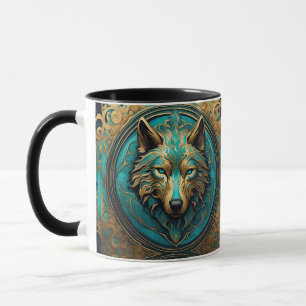 Gold and Turquoise Wolf Head Mug