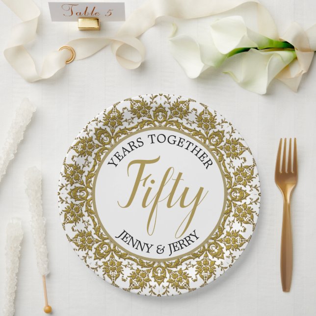 Gold and White Anniversary Paper Plate (Wedding)