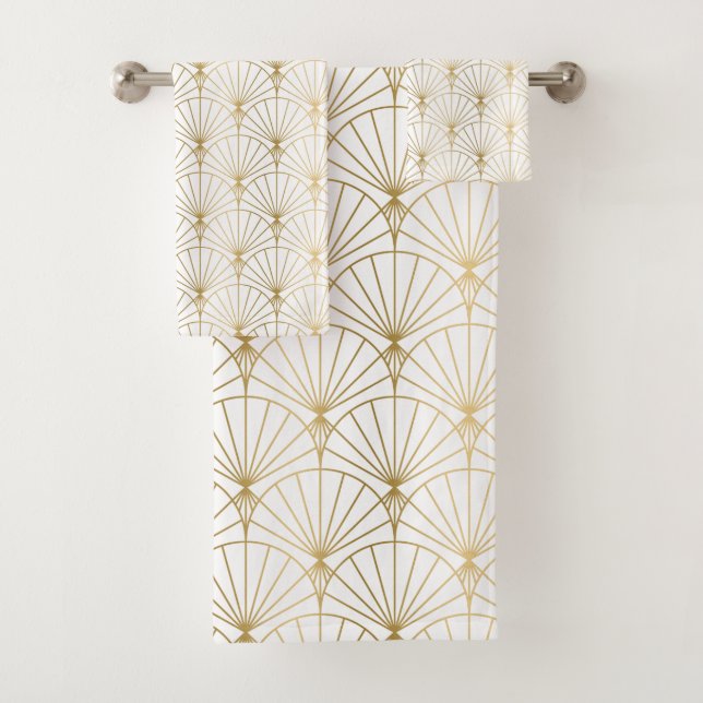 Gold and white Art Deco 2 pattern Bath Towel Set (Insitu)