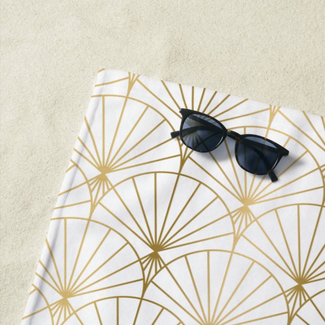 Gold and white Art Deco 2 pattern  Beach Towel (In Situ)