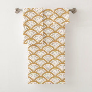 Gold and White Art Deco Fan Flower Pattern Bath Towel Set