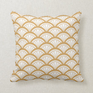 Gold and White Art Deco Fan Flowers Pattern  Throw Pillow