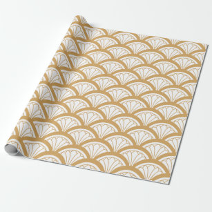 Gold and White Art Deco Fan Flowers Pattern  Wrapping Paper