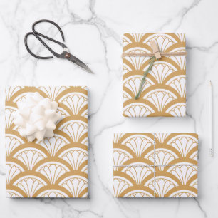 Gold and White Art Deco Fan Flowers Pattern   Wrapping Paper Sheet