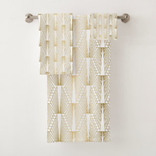 Gold and white Art Deco geometric pattern Bath Towel Set