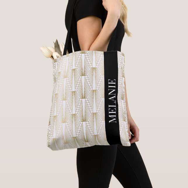 Gold and white art-deco pattern tote bag (Close Up)