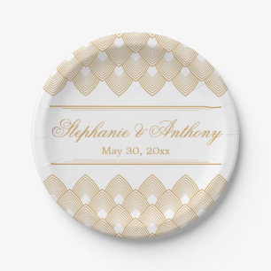 Gold and White Art Deco Pattern Wedding Paper Plate