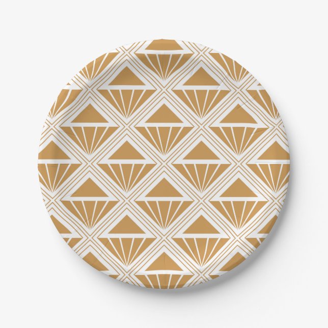 Gold and white Art Deco pattern with rhombuses Paper Plate (Front)