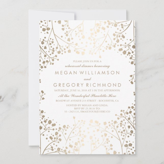 Gold and White Baby's Breath Rehearsal Dinner Invitation (Front)