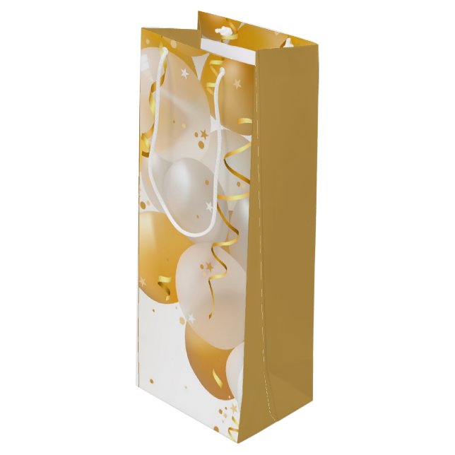 Gold and White Balloons Birthday Wine Gift Bag (Front Angled)