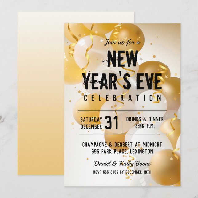 Gold and White Balloons New Year's Eve Invitation (Front/Back)
