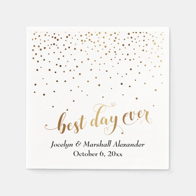 Gold and White Best Day Ever Hearts Confetti Napkin (Front)