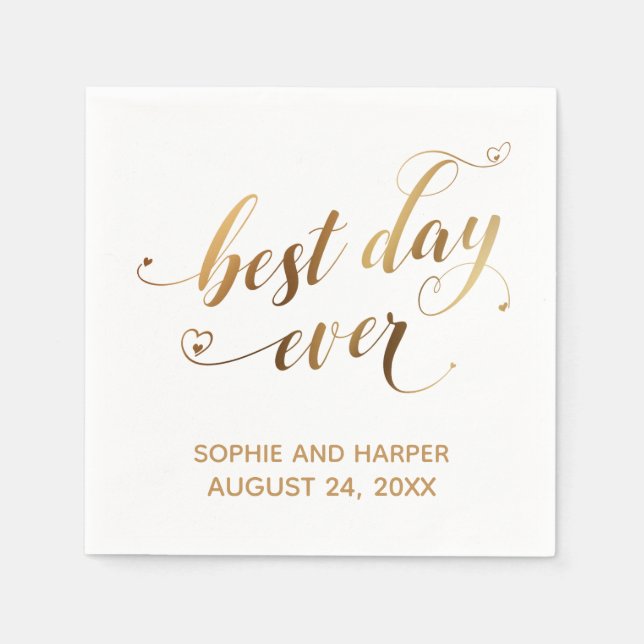 Gold and White Best Day Ever, Hearts Script Napkin (Front)