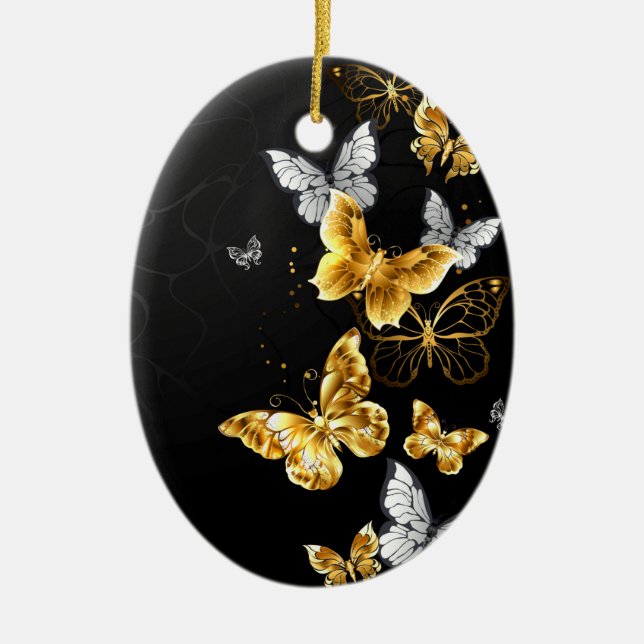 Gold and white butterflies ceramic ornament (Front)