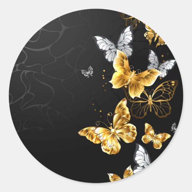 Gold and white butterflies classic round sticker (Front)