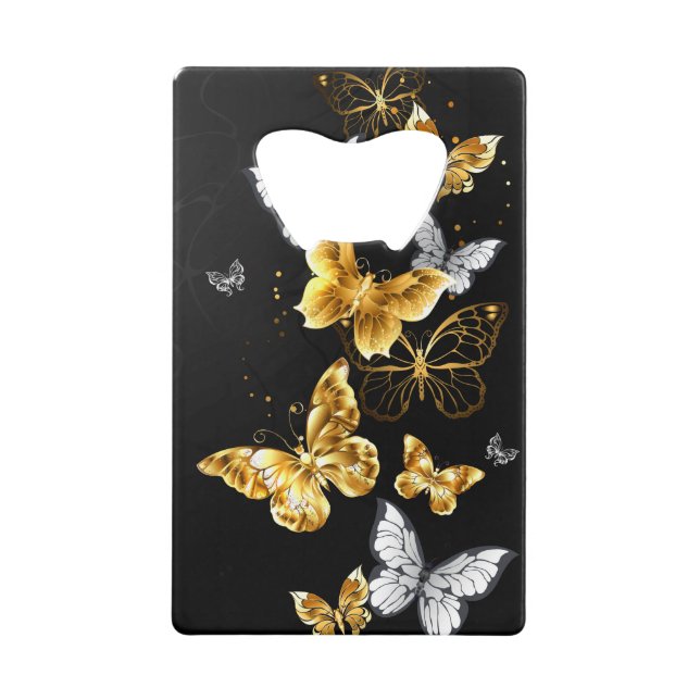 Gold and white butterflies credit card bottle opener (Front)