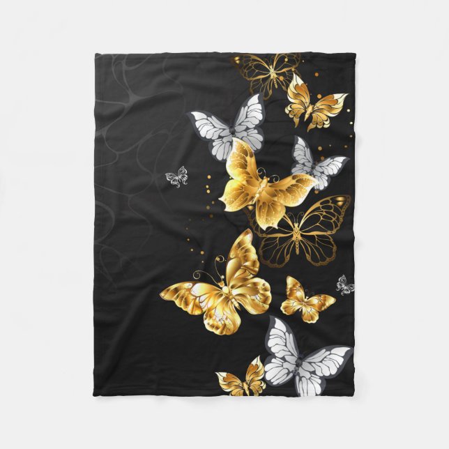 Gold and white butterflies fleece blanket (Front)