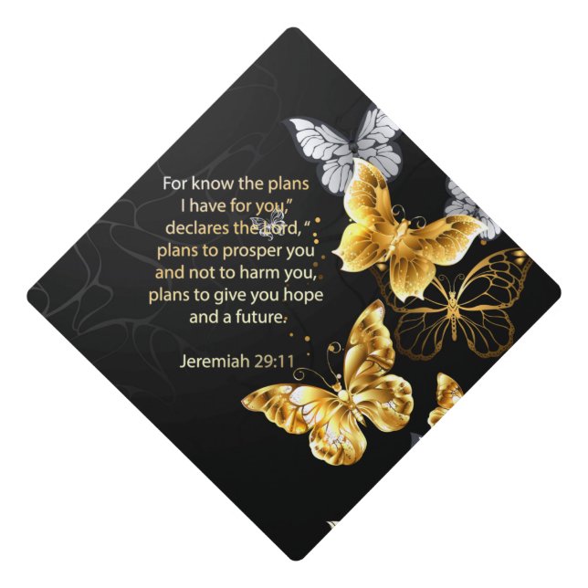 Gold and white butterflies graduation cap topper (Front)