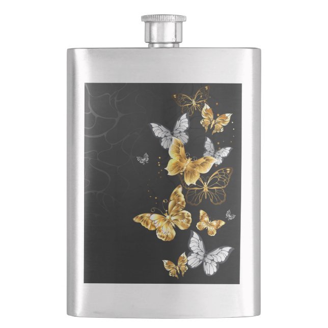 Gold and white butterflies hip flask (Front)