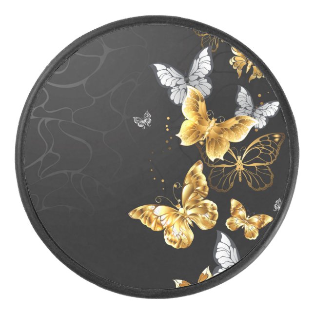 Gold and white butterflies hockey puck (Front)