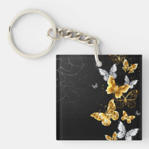 Gold and white butterflies keychain