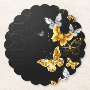 Gold and white butterflies paper coaster