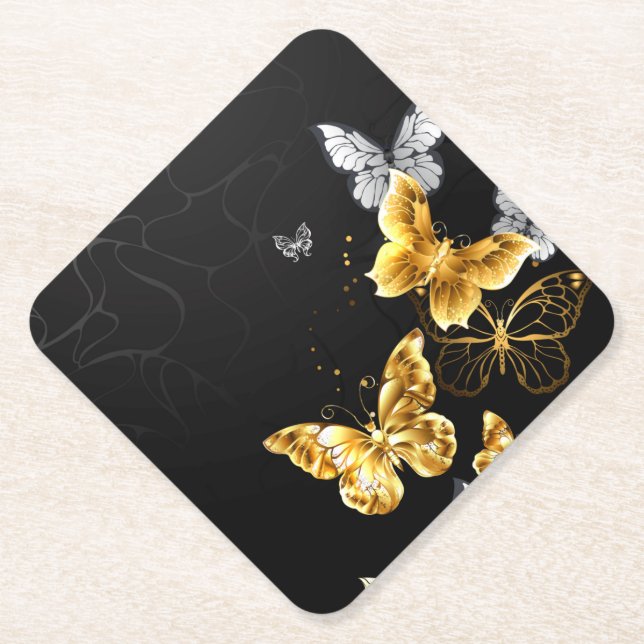 Gold and white butterflies paper coaster (Front)