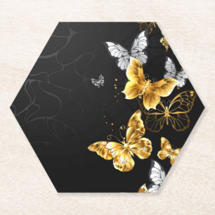 Gold and white butterflies paper coaster