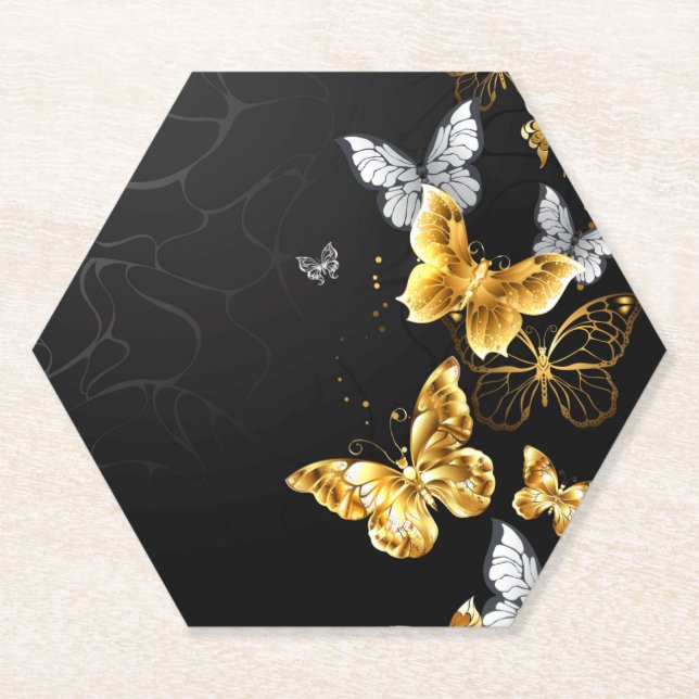 Gold and white butterflies paper coaster (Front)