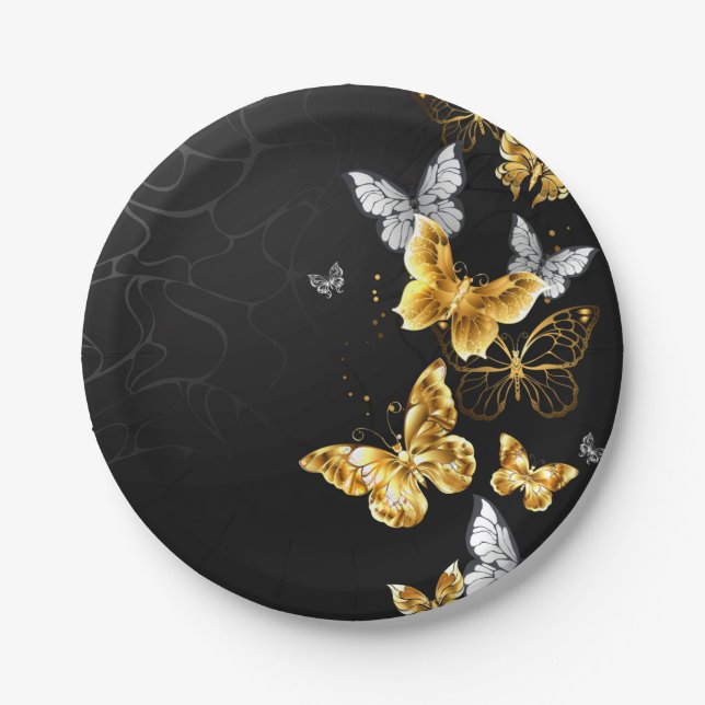 Gold and white butterflies paper plate (Front)