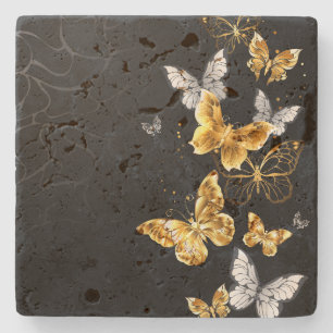 Gold and white butterflies stone coaster