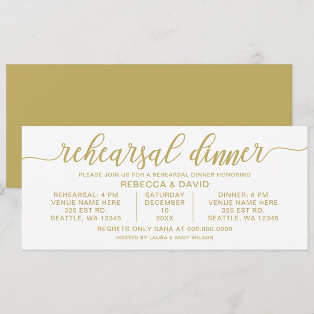 gold and white Calligraphy Rehearsal Dinner Invitation (Front/Back)