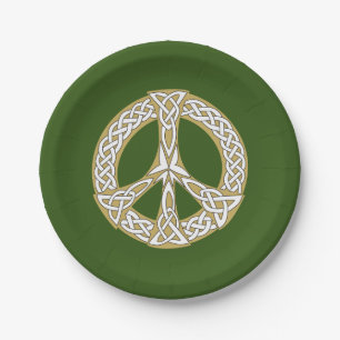 Gold and White Celtic Peace Sign  Paper Plate