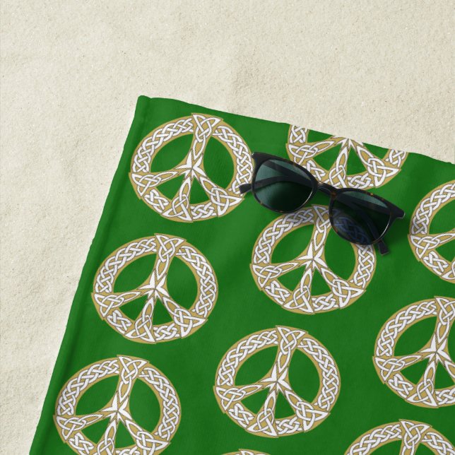 Gold and White Celtic Peace Sign Pattern    Beach Towel (In Situ)