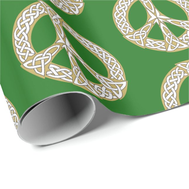 Gold and White Celtic Peace Sign Pattern Wrapping Paper (Roll Corner)