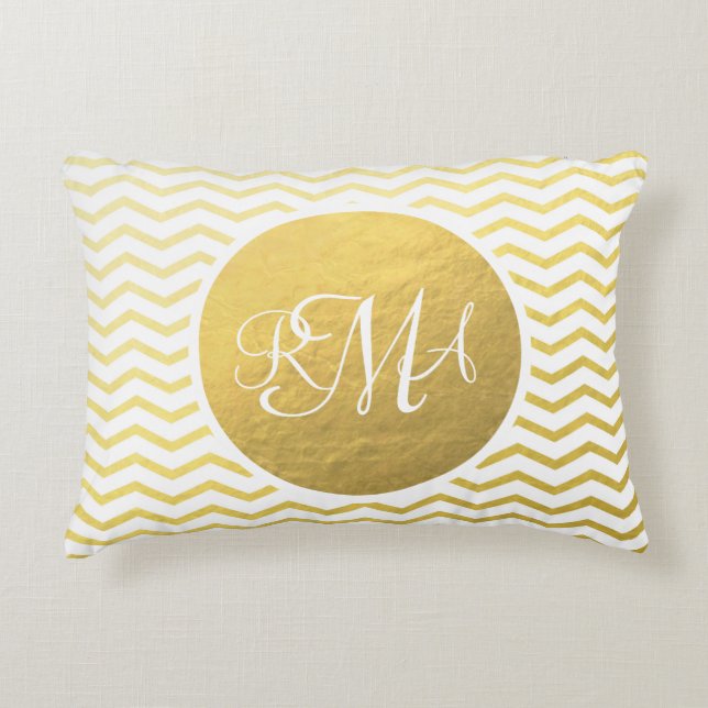 Gold and White Chevron Monogrammed Personalized Accent Pillow (Front)