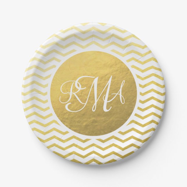 Gold and White Chevron Monogrammed Personalized Paper Plate (Front)