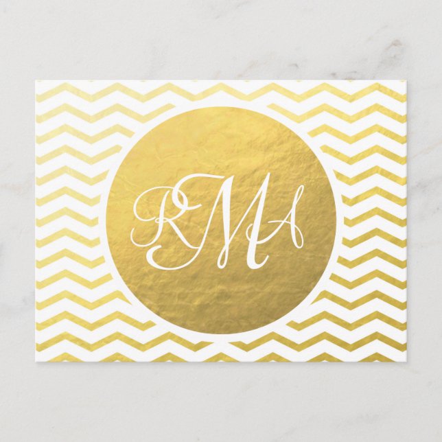 Gold and White Chevron Monogrammed Personalized Postcard (Front)
